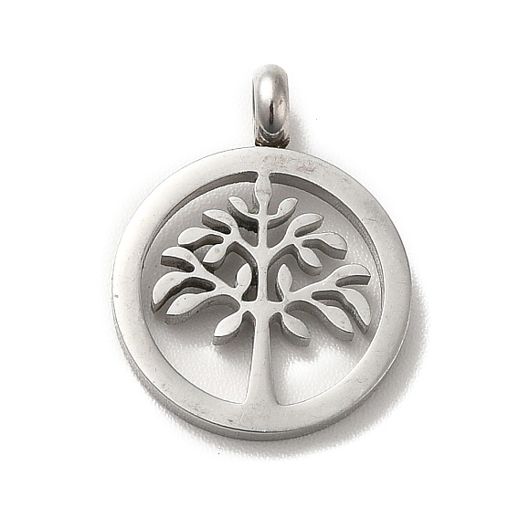 304 Stainless Steel Pendants, Flat Round with Tree Charm