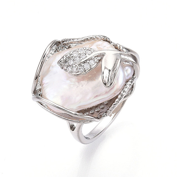 Кольцо с натуральным барочным жемчугом, с латунными микрофианитами, регулируемыми открытыми кольцами-манжетами для женщин, лист