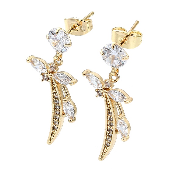 Flower Brass Micro Pave Cubic Zirconia Dangle Stud Earrings, Long-Lasting Plated