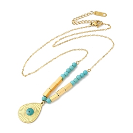 Enamel Teardrop with Synthetic Turquoise Beaded Pendant Necklace, Ion Plating(IP) 304 Stainless Steel Jewelry