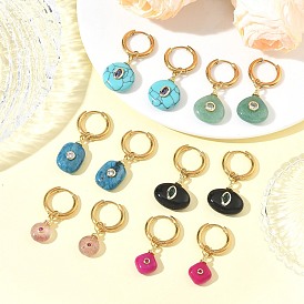 Stainless Steel with Natural & Synthetic Mixed Gemstone Dangle Earrings, Round, Golden