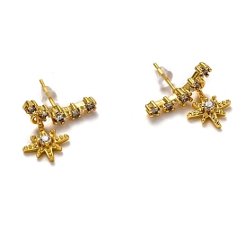 Brass Micro Pave Clear Cubic Zirconia Stud Earrings, with Ear Nuts, Star