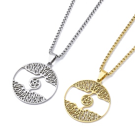 304 Stainless Steel Pendant Necklaces, Flat Round with Tree of Life Pattern