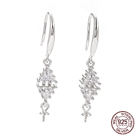 925 Sterling Silver Earring Hooks, with Clear Cubic Zirconia, Rhombus, for Half Drilled Beads