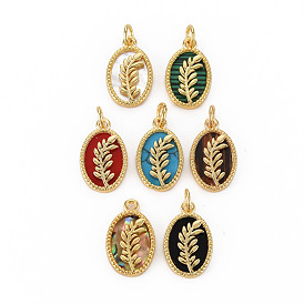Brass Pendants, with Shell/Synthetic Stone/Acrylic and Jump Ring, Real 16K Gold Plated, Oval with Leaf, Nickel Free