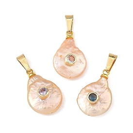 Natural Keshi Pearl Pendants, Teardrop Charm, with Brass Micro Pave Cubic Zirconia Findings, Golden