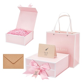 BENECREAT 1set Paper Jewelry Boxes and Paper Bags, with bowknot, with 20g Raffia Crinkle Cut Paper Shred Filler & 1set Leaf Pattern Kraft Envelopes and Greeting Cards Set
