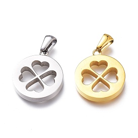 Ion Plating(IP) 304 Stainless Steel Pendants, Manual Polishing, Flat Round with Clover
