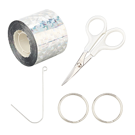 SUPERFINDINGS Self-Adhesive Bird Repellent Scare Tape, with Stainless Steel Scissors, Iron Hook Clasps and Split Key Rings