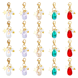 20Pcs 5 Colors Faceted Teardrop Glass Pendants, with Glass Pearl Round Beads, Star 304 Stainless Steel Charms & Lobster Claw Clasps