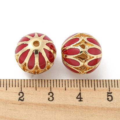 Golden Tone Alloy Enamel Beads, Round with Flower