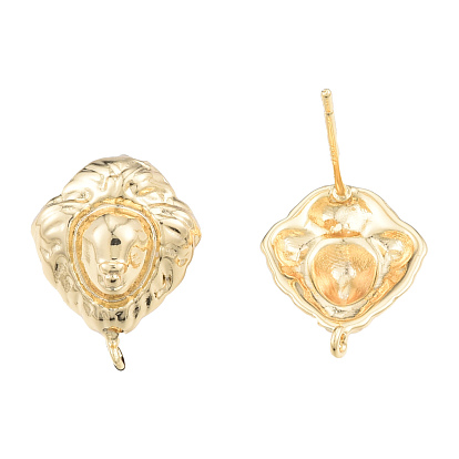 Brass Stud Earring Findings, with Vertical Loops, Lion, Nickel Free