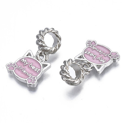 Rack Plating Alloy Enamel European Dangle Charms, Large Hole Pendants, Cadmium Free & Nickel Free & Lead Free, Platinum, Cat Shapes with Word My Best Friend