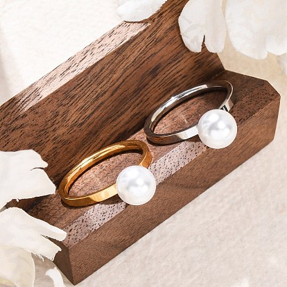 304 кольца для пальцев из нержавеющей стали для женщин, с круглой абс пластмассовой имитационной жемчужиной, вакуумное покрытие pvd