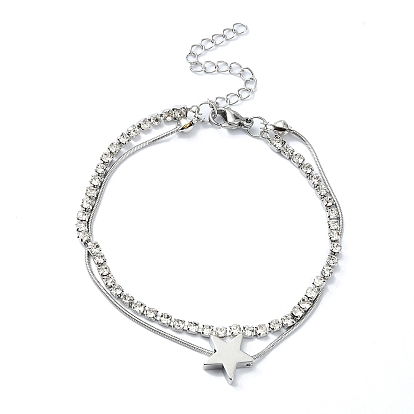 Star Alloy Pave Clear Cubic Zirconia Link Round Snake Chain Bracelets, Multi-Strand Bracelets for Women