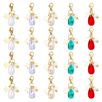 20Pcs 5 Colors Faceted Teardrop Glass Pendants, with Glass Pearl Round Beads, Star 304 Stainless Steel Charms & Lobster Claw Clasps