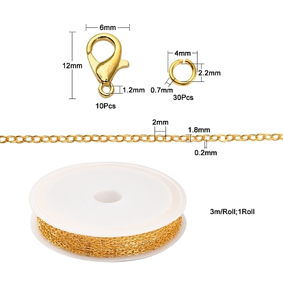 DIY 3m Brass Cable Chain Jewelry Making Kit, with 30Pcs Brass Open Jump Rings with 10Pcs Zinc Alloy Lobster Claw Clasps