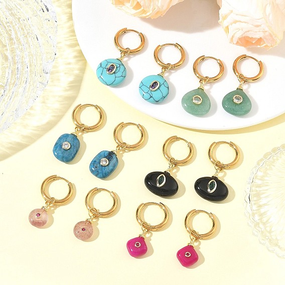 Stainless Steel with Natural & Synthetic Mixed Gemstone Dangle Earrings, Round, Golden