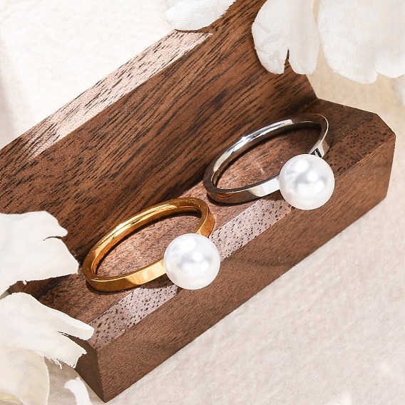 304 кольца для пальцев из нержавеющей стали для женщин, с круглой абс пластмассовой имитационной жемчужиной, вакуумное покрытие pvd