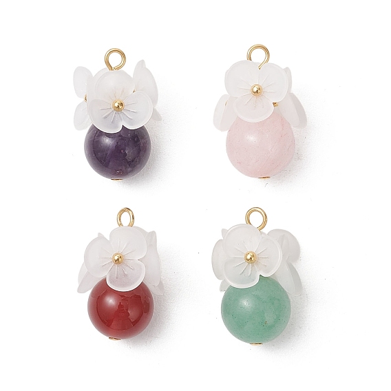 4 шт. 4 варианты круглых подвесок из натурального зеленого авантюрина, розового кварца, карнеола и аметиста, Подвески в виде цветов с акриловыми элементами, золотые, смешанные окрашенные и неокрашенные, разноцветные
