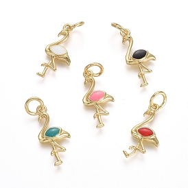Golden Plated Brass Pendants, with Enamel and Jump Rings, Long-Lasting Plated, Flamingo Shapes