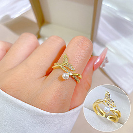 Fashionable Micro-inlaid Luxury Ring with Open Fish Tail Pearl - Minimalist Style