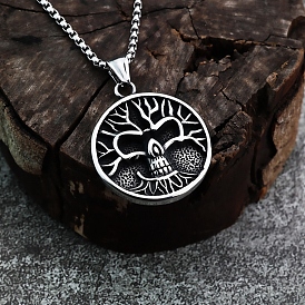 Stainless Steel Pendant Necklaces, Box Chain, Flat Round Tree of Life