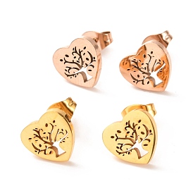 Ion Plating(IP) 304 Stainless Steel Stud Earrings, Heart with Tree
