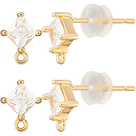 4 пара латунных серег-гвоздиков с микропаве из кубического циркония, с петлей, с 8 силиконовыми ушными гайками, ромб