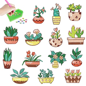 Potted Plants DIY Diamond Sticker Kits, Including Resin Rhinestones Bag, Diamond Sticky Pen, Tray Plate and Glue Clay