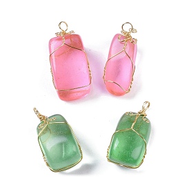 Glass Pendants, with Golden Plated Brass Findings, Rectangle Charms