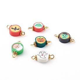 Halloween/Christmas Theme Flat Round Polymer Clay Links Connectors, with 304 Stainless Steel Eye Pins, Alloy Daisy Spacer Beads, Golden