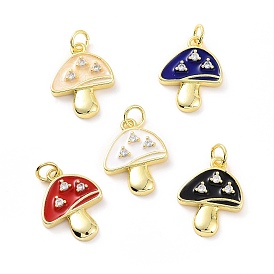 Rack Plating Brass Pave Clear Cubic Zirconia Pendants, Mushroom Charms, with Enamel and Jump Ring, Long-Lasting Plated, Real 18K Gold Plated, Cadmium Free & Lead Free