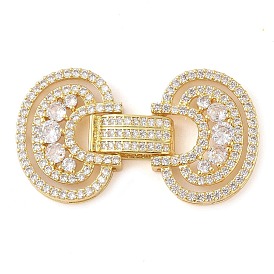 Rack Plating Brass Micro Pave Clear Cubic Zirconia Fold Over Clasps, Long-Lasting Plated, Lead Free & Cadmium Free, Oval