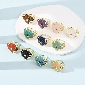 Natural & Synthetic Gemstone Cuff Rings, Shell Shape, Brass Micro Pave Cubic Zirconia Cuff Open Rings, Golden