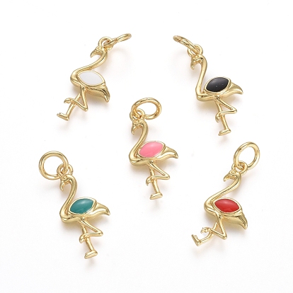 Pendentifs en laiton plaqué or, avec émail et anneaux de saut, plaqué longue durée, formes de flamant rose