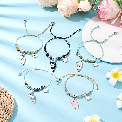 5шт 5 цвета натуральные драгоценные камни бусины плетеные браслеты из бисера, кот и клевер, с подвесками из печатного сплава и нейлоновой нитью