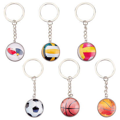 6Pcs 6 Style Glass Pendant Keychain, with Platinum Plated Alloy Findings, Flat Round