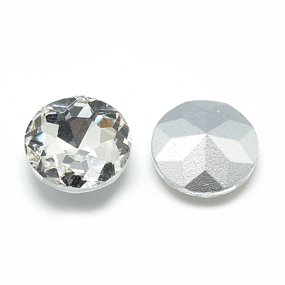 Pointed Back Glass Rhinestone Cabochons, Back Plated, Faceted, Flat Round