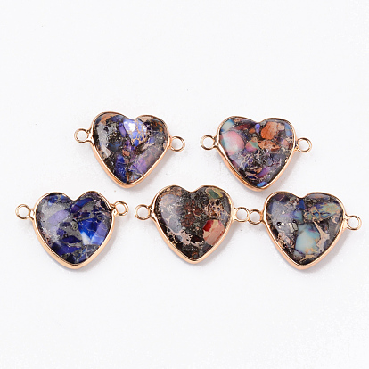 Synthetic Gold Line Regalite/Imperial Jasper/Sea Sediment Jasper Links Connectors, with Light Gold Plated Brass Edge, Dyed, Heart