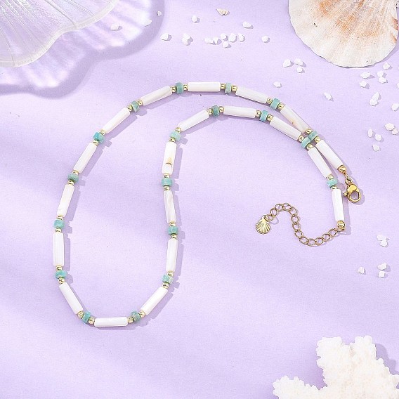 Collares con cuentas de hematita sintética no magnética galvanizada redonda, columna de concha de agua dulce natural, amazonita natural y amazonita natural., dorado