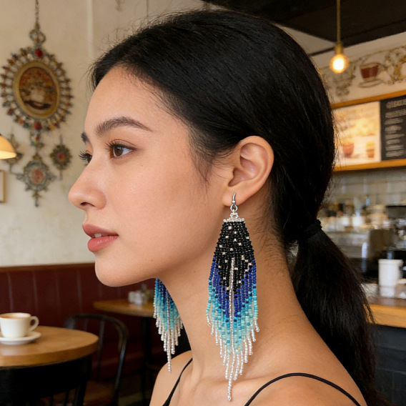 Glass Seed Beads Tassel Dangle Earrings, 304 Stainless Steel Dangle Earrings for Women, Stainless Steel Color