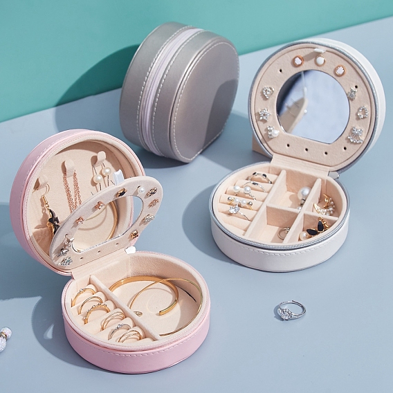 Круглые коробки на молнии для хранения ювелирных изделий из искусственной кожи, портативный дорожный чемодан с зеркалом, для ожерелья, кольцо серьги держатель, подарок для женщин