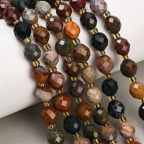 Natural Ocean Jasper Beads Strands, Round, Faceted, with Seed Beads