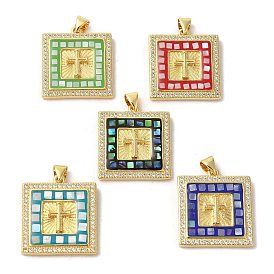 Square with Corss  Brass Micro Pave Cubic Zirconia Pendants, with Enamel & Shell, Long-Lasting Plated, Lead Free & Cadmium Free, Real 18K Gold Plated