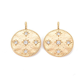 Brass Micro Pave Clear Cubic Zirconia Pendants, Nickel Free, Textured, Flat Round with Star