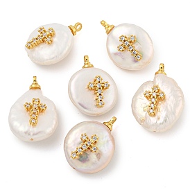 Natural Cultured Freshwater Pearl Pendants, with Cubic Zirconia and Brass Findings, Long-Lasting Plated, Cross