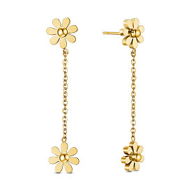 Stainless Steel Dangle Stud Earrings, with Chains, Daisy Flower
