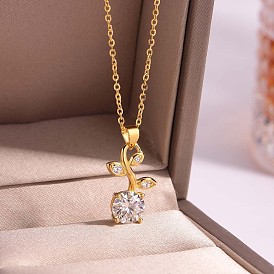 Elegant 925 Sterling Silver Pave Clear Cubic Zirconia Leaf Vine Pendant Necklaces for Women