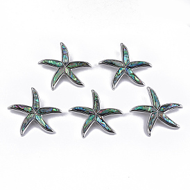 Shell Brooches/Pendants, with Resin Bottom and Alloy Findings, Starfish/Sea Stars, Platinum